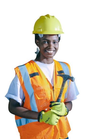 Female engineer holding a hammer and smiling